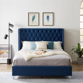 B100S Queen bed, Button designed Headboard,strong wooden slats + metal legs with