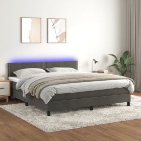 Box Spring Bed with Mattress&LED Dark Gray King Velvet