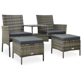 2-Seater Patio Sofa with Tea Table & Stools Poly Rattan Gray