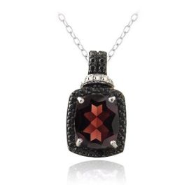 Sterling Silver 4ct Garnet & Black Diamond Accent Rectangle Necklace