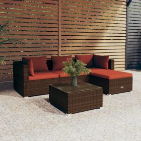 5 Piece Patio Lounge Set with Cushions Poly Rattan Brown