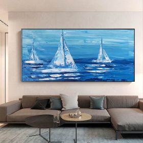 Colorful Ocean Sea Thick with Sunset and sailboat 100% Hand Painted Abstract Oil Painting Canvas Handmade Painting Gift (size: 150x220cm)