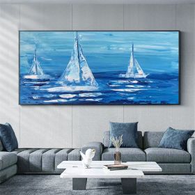 Colorful Ocean Sea Thick with Sunset and sailboat 100% Hand Painted Abstract Oil Painting Canvas Handmade Painting Gift (size: 60x90cm)