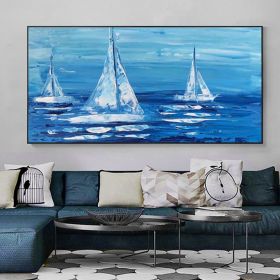 Colorful Ocean Sea Thick with Sunset and sailboat 100% Hand Painted Abstract Oil Painting Canvas Handmade Painting Gift (size: 50x70cm)