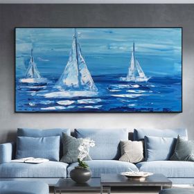 Colorful Ocean Sea Thick with Sunset and sailboat 100% Hand Painted Abstract Oil Painting Canvas Handmade Painting Gift (size: 100x150cm)