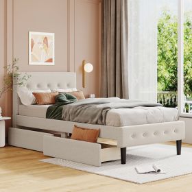 Twin Size Upholstered Platform Bed with 2 Drawers (Color: Beige)