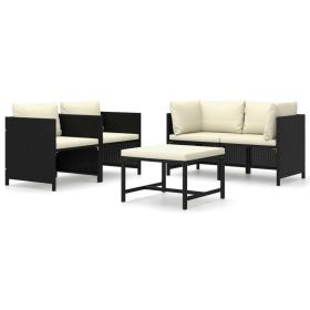 5 Piece Patio Lounge Set with Cushions Poly Rattan Black (Color: Black)