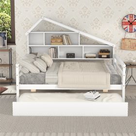 Full Size Platform Bed with Trundle and Shelves (Color: White)
