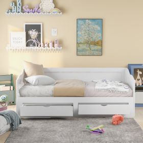 Wooden Daybed with Trundle Bed and Two Storage Drawers , Extendable Bed Daybed,Sofa Bed with Two Drawers (Color: White)