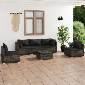 6 Piece Patio Lounge Set with Cushions Poly Rattan Gray (Color: Grey)